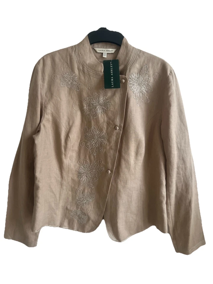 Vintage Laura Ashley Linen, Floral Embroidered, Nutmeg Jacket/Top; Size 16 - Image 2 of 4