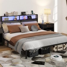 Full Queen King Size Metal Bed Frame with LED and Storage Charging Headboard