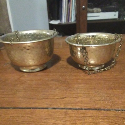 Vintage Hammered Metal Hanging Planters Set of 2 Gold Round Bowls w/ Chains