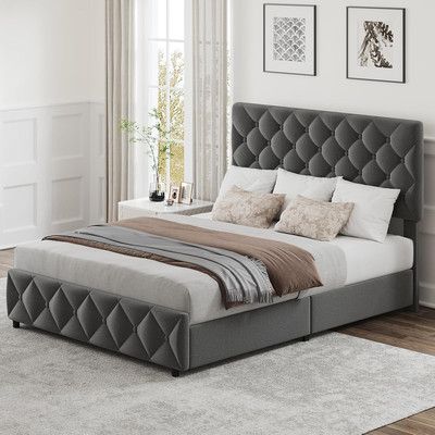 Bed Frame 4 Storage Drawers Platform No Box Spring Needed W/Adjustable Headboard