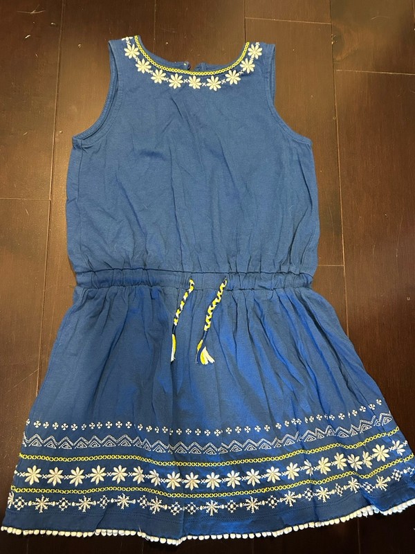 EUC Girls Mini Boden Dress Blue Embroidered Flowers 7-8 Y