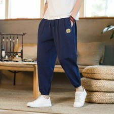 Summer Casual Chinese Style Cotton Linen Ninth Pant Men Fashion Embroidery Loose