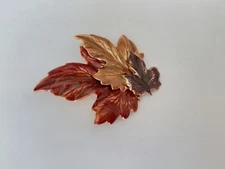 Tri Colored Bronze Silver Gold Tones Metal 3 Fall Leaf Leaves Brooch Pin 