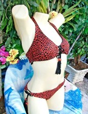 Victoria's Secret Animal Leopard Red Orange Swim Lace Up BIKINI Reversible M NEW