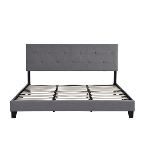 King Size Upholstered Platform Bed Frame with Button Tufted Linen Fabric Headboa