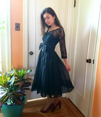 Vtg 50s Sexy Glam Old Money Cocktail Party Dress Lace Satin Chiffon SM |  eBay