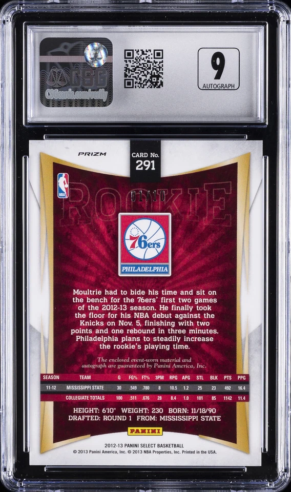 2012-13 PANINI SELECT RC JSY AUTO , GOLD #291 ARNETT MOULTRIE CSG 9.5 - Image 2 of 2