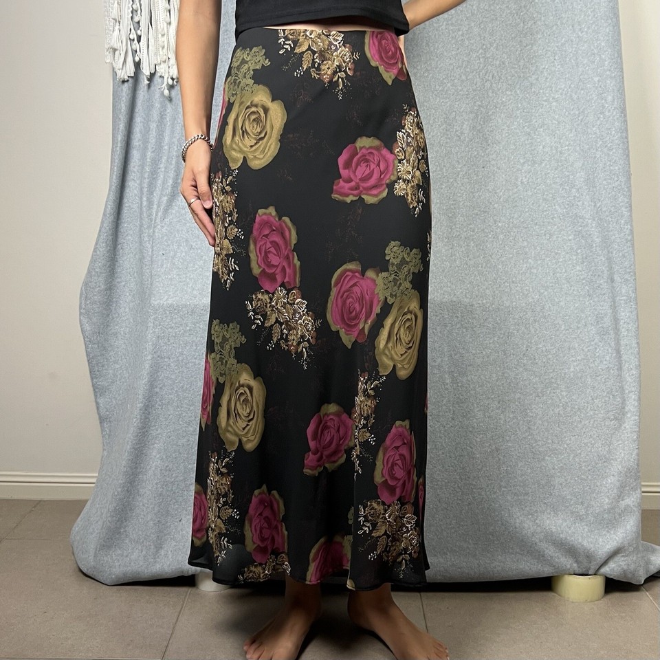 Vintage Womens Maxi Skirt 20 Floral Rose Multi 90s Y2K Cottage Garden