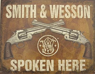SMITH & WESSON SPOKEN HERE, Blechschild USA, neu, Größe 40x31cm S2740