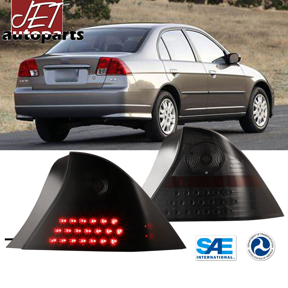 Taillights LED For 01-03 Honda Civic Coupe Black/Smoke Turn Signal Brake Lights