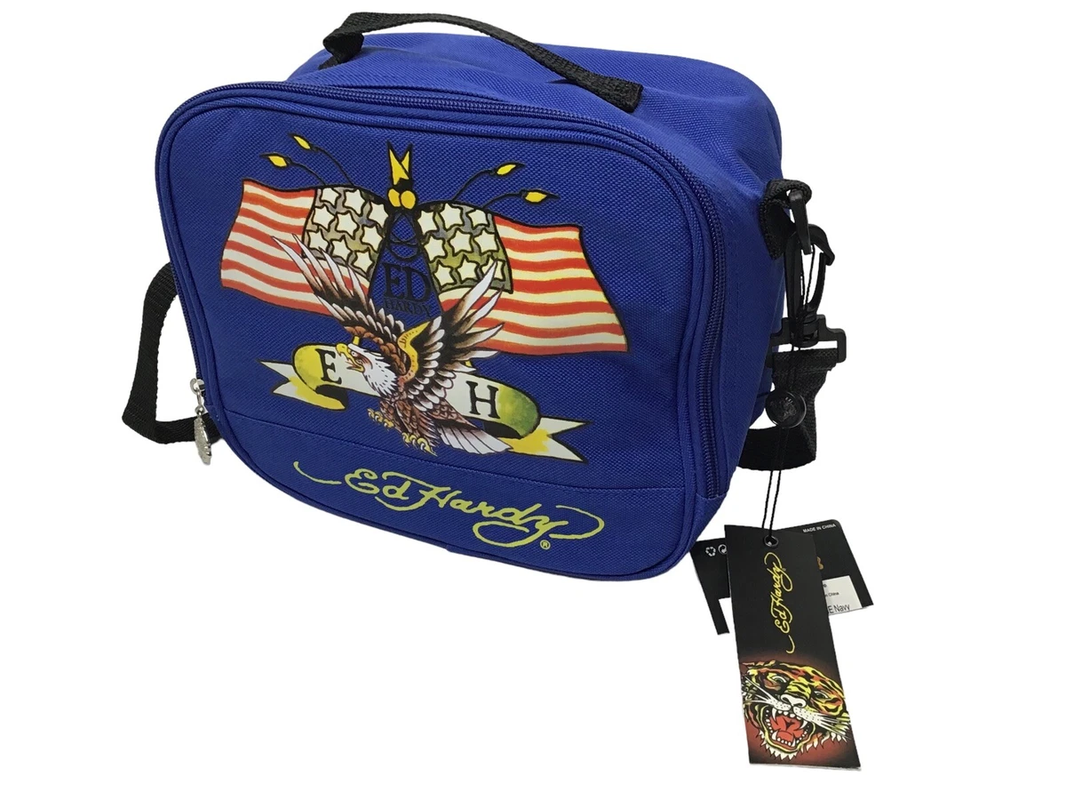 Ed Hardy Insulated Lunch Tote Travel Lunch Bag Blue Logo New
