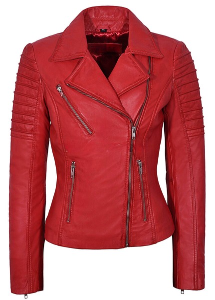 Damen Lederjacke Rot Designer Mode 100% Echtleder Biker Mantel Jacke-image