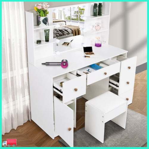 Modern White Dressing Table Makeup Desk With LED Mirror Stool 5 Drawers Bedroom - Picture 3 of 8
