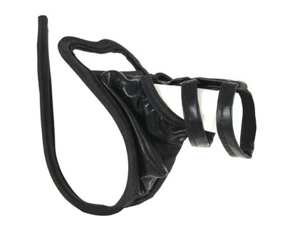 Wetlook Herren C-String Schwarz   Offen Lack Leder mit Glitzer Bänder