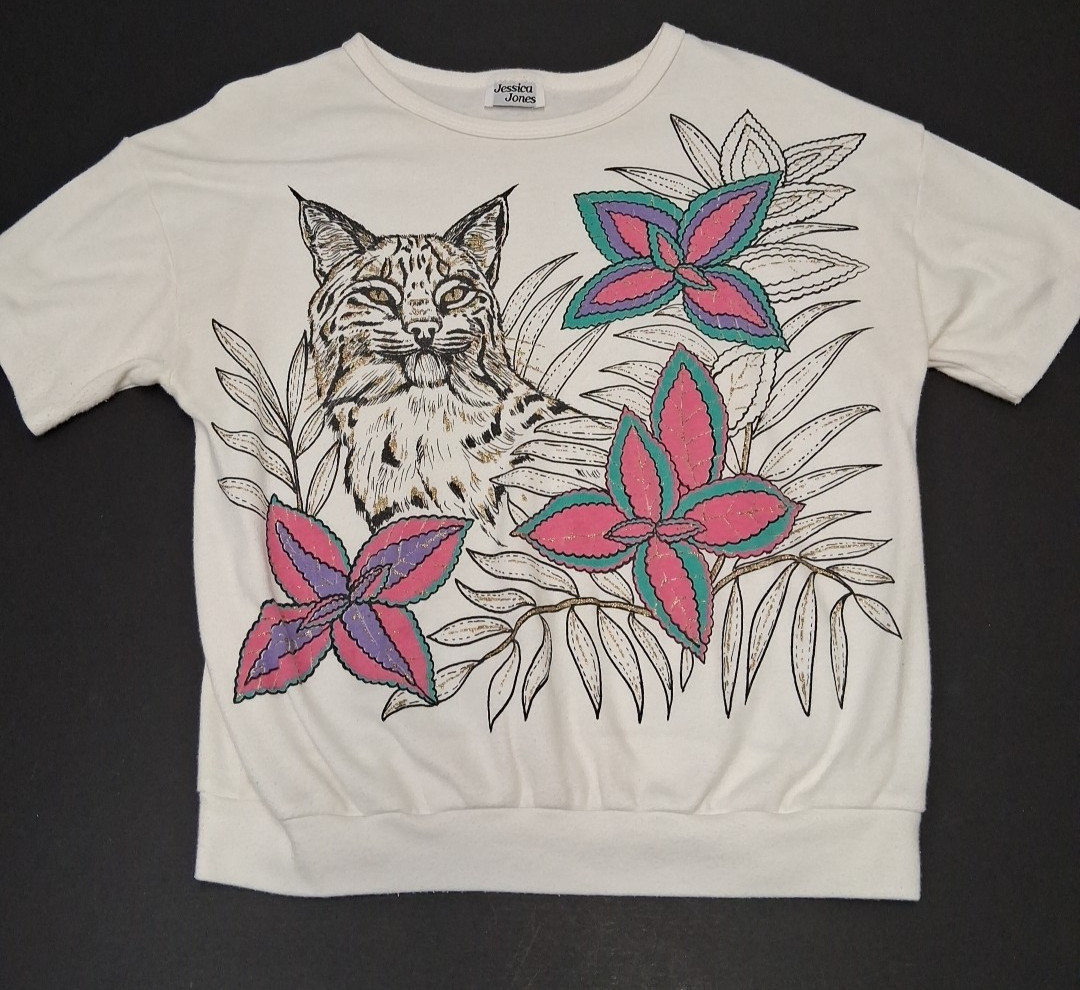 Vintage 80's Jessica Jones Bobcat Wildlife Single Stitch Women's Large White