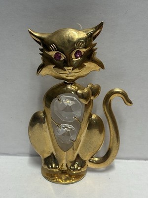 Cat Kitty 24 Gold Plated Austrian Crystal Figurine Mascot USA Pink Eyes  4 in