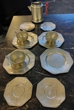 Antique 1940s Child's Nursery Rhyme Play Aluminum Tea Set Embossed 12pc Rare