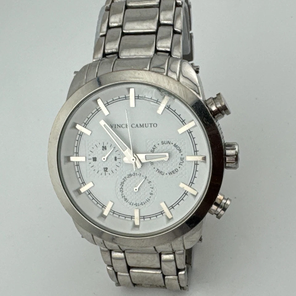 Vince Camuto Quartz Watch Men 30m Silver White Day Date Analog New Battery 7.25" - Image 2 of 4