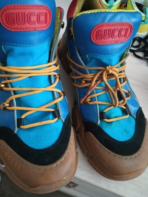 Gucci Men's Western Ankle Boots Blue Brown Yellow Red Lace Up Logo