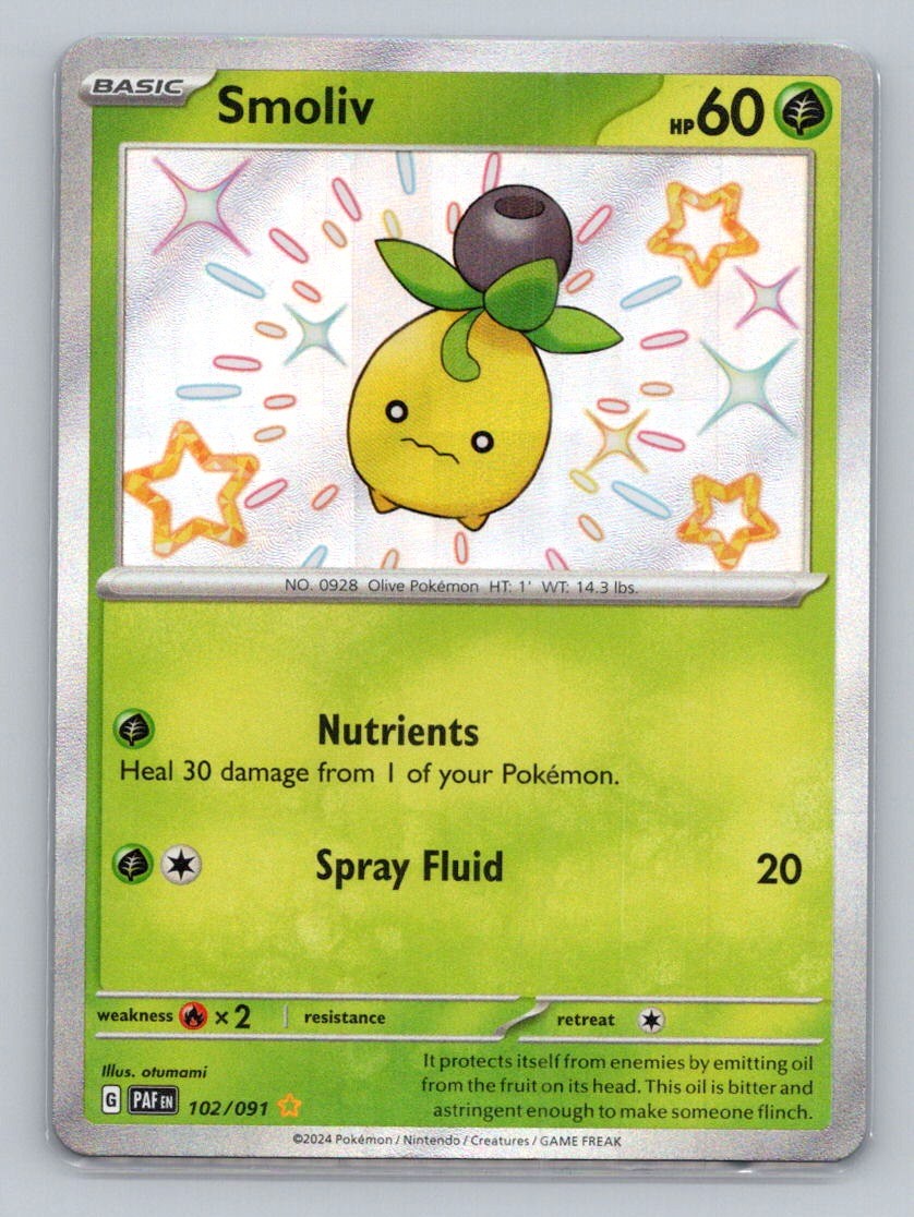 Smoliv 102/091 Shiny Rare SV: Paldean Fates NM Pokemon