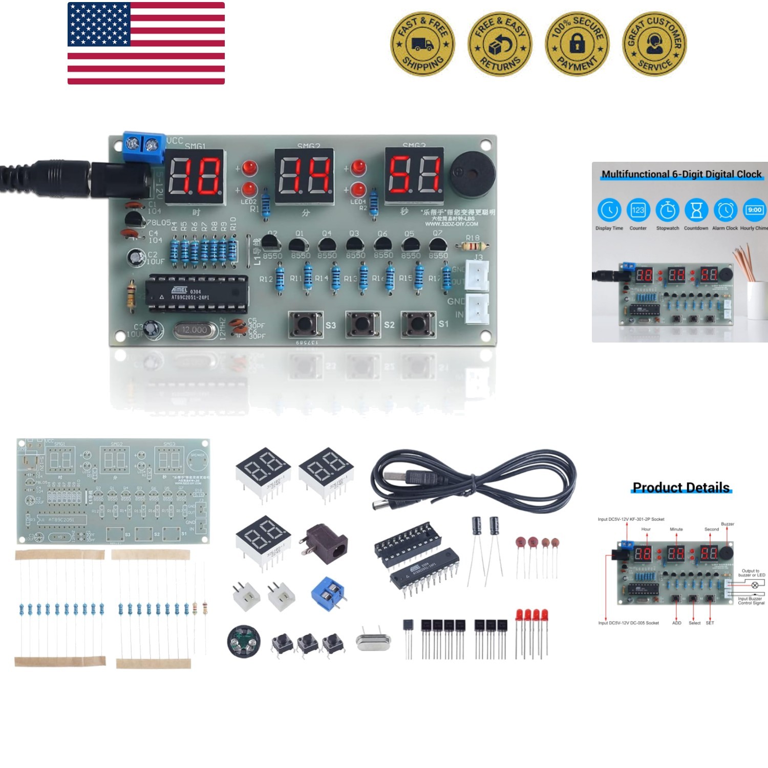 6-Digit Clock Soldering Practice Kit, DIY PCB Digital Alarm Clock Soldering P...