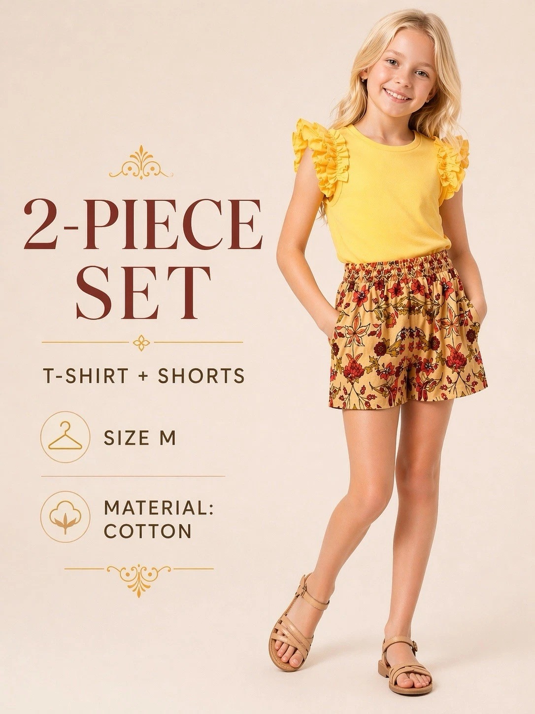 A Loves A Girls 2Pc Set Yellow Ruffle Top Floral Shorts Kids M 9-10Y NWT