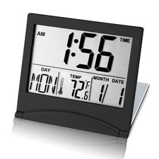 Small Digital Travel Alarm Clock Battery Operated Portable Date Temp Black