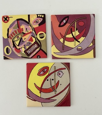Marquis Leo Art Tile Coaster Set of 3 Pez Man Zebra Stripe Woman Due Facce