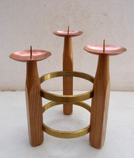 Vintage Design Holz Kerzenhalter Kerzenleuchter 3 armig Teakholz Messing Kupfer