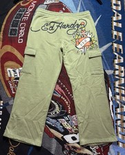 Ed Hardy Dragon Dagger Cargo Sweatpants Large Wide Leg Olive Retro Y2K