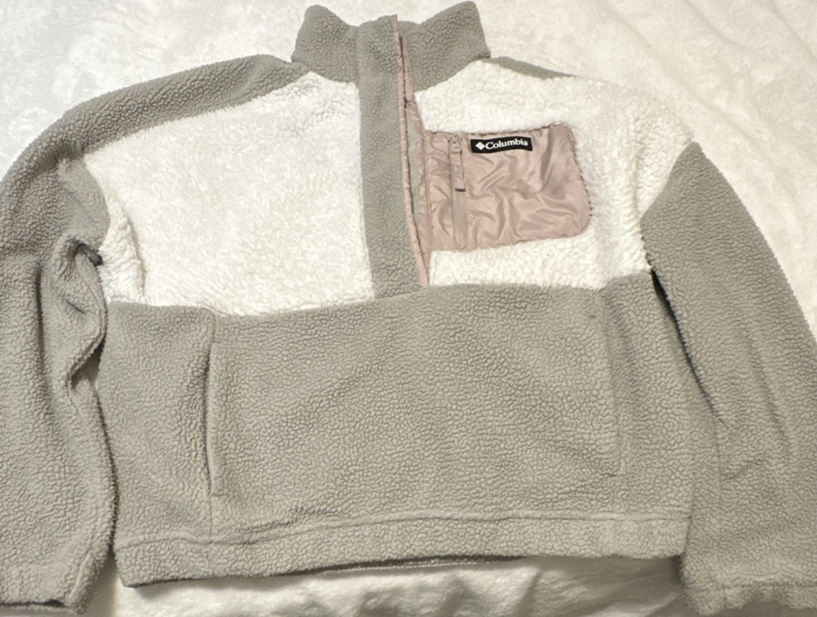 Columbia Women's Fleece Pullover Sweater M Gray White 1/4 Zip Chest Pocket