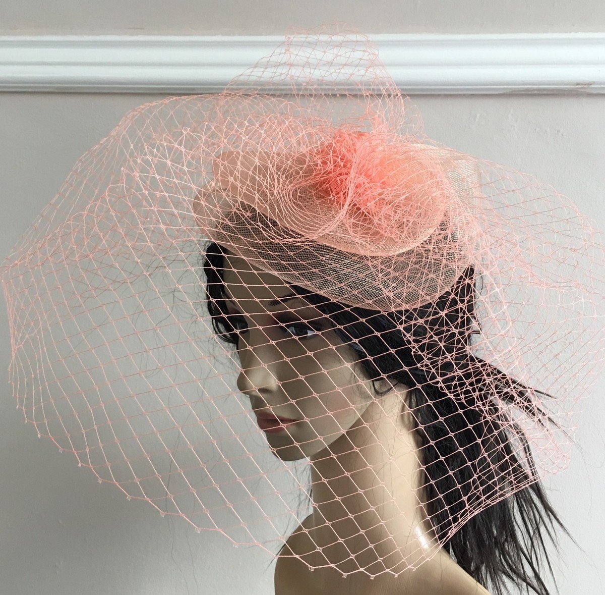 coral peach french veil veiling fascinator wedding bridal  display picture 3
