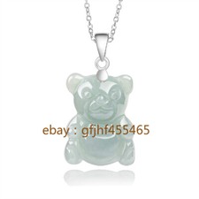 Natural Myanmar A-grade Jade Light Green Bear Pendant S925 Silver Necklace