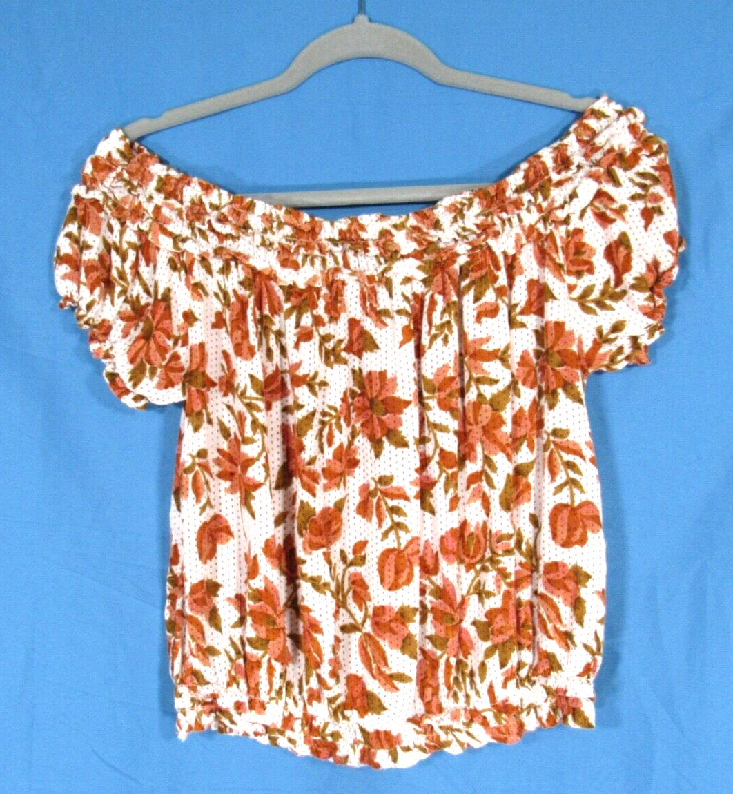 FP ONE Free People SUKI White/Rust FLORAL Thin Gauze SMOCKED Off-Shoulder TOP S