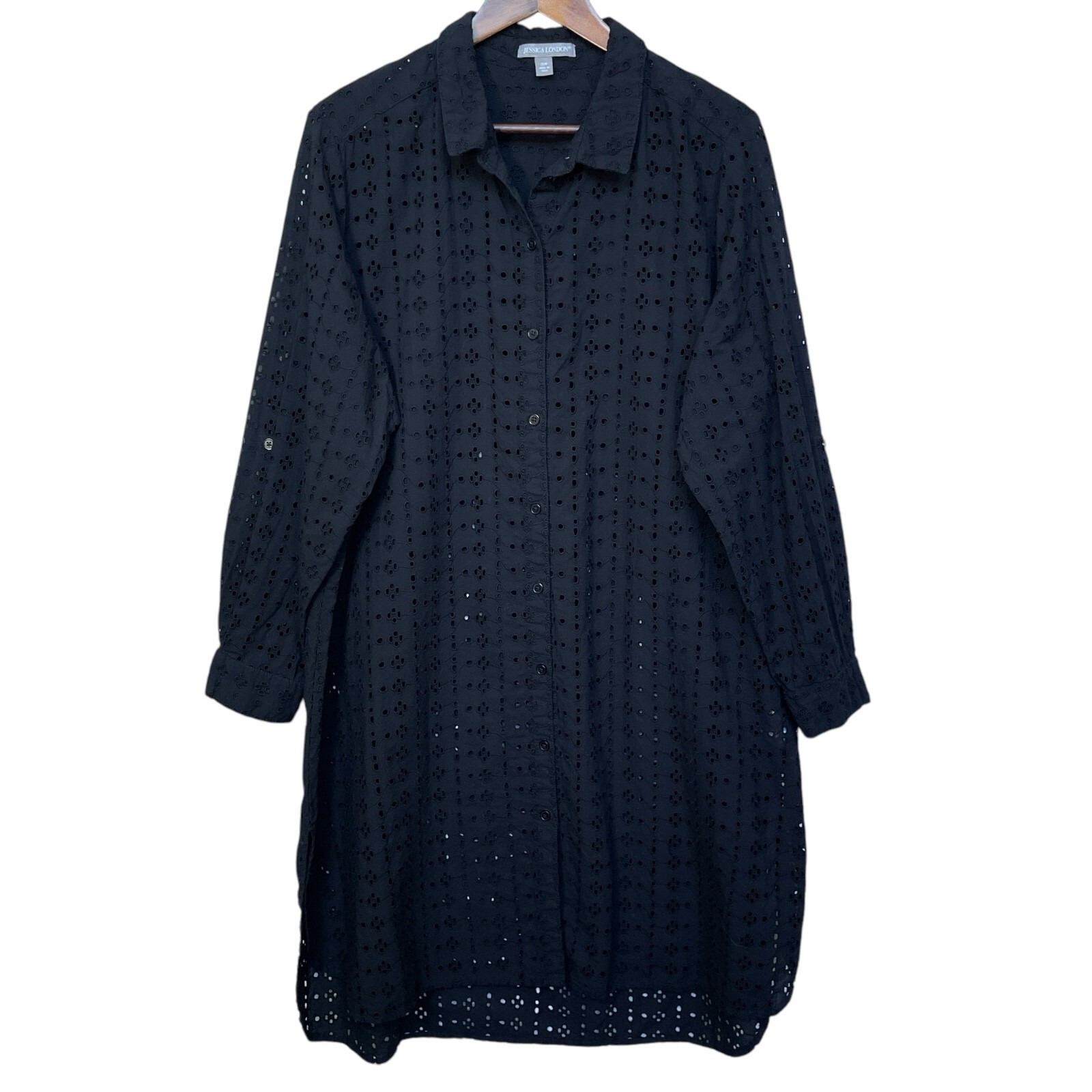Jessica London Women Shirt Dress Size 20W Black Crochet Button-Up Cotton Sheer