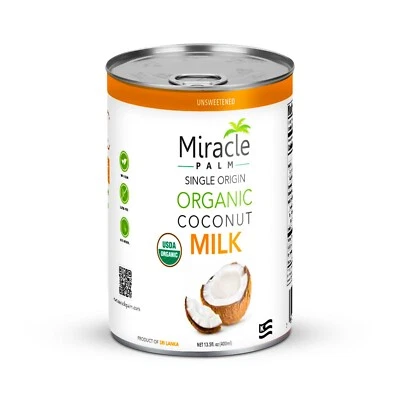 Miracle Palm Organic Coconut Milk Unsweetened - Canned Additive Free Pack of 12