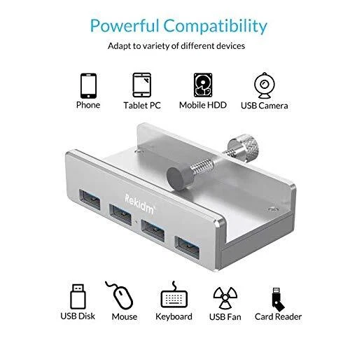 USB Hub 3.0 - 4 Port Aluminum Desk USB Hub 3.0 Clamp Design for Desktop, Comp...
