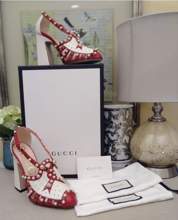 Gucci Tracy Red and Cream Cut Out Cabochon Detail Shoes Size