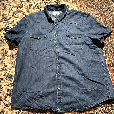 Primark Denim Shirt Men 2XL Blue Pearl Snap Short Sleeve | eBay