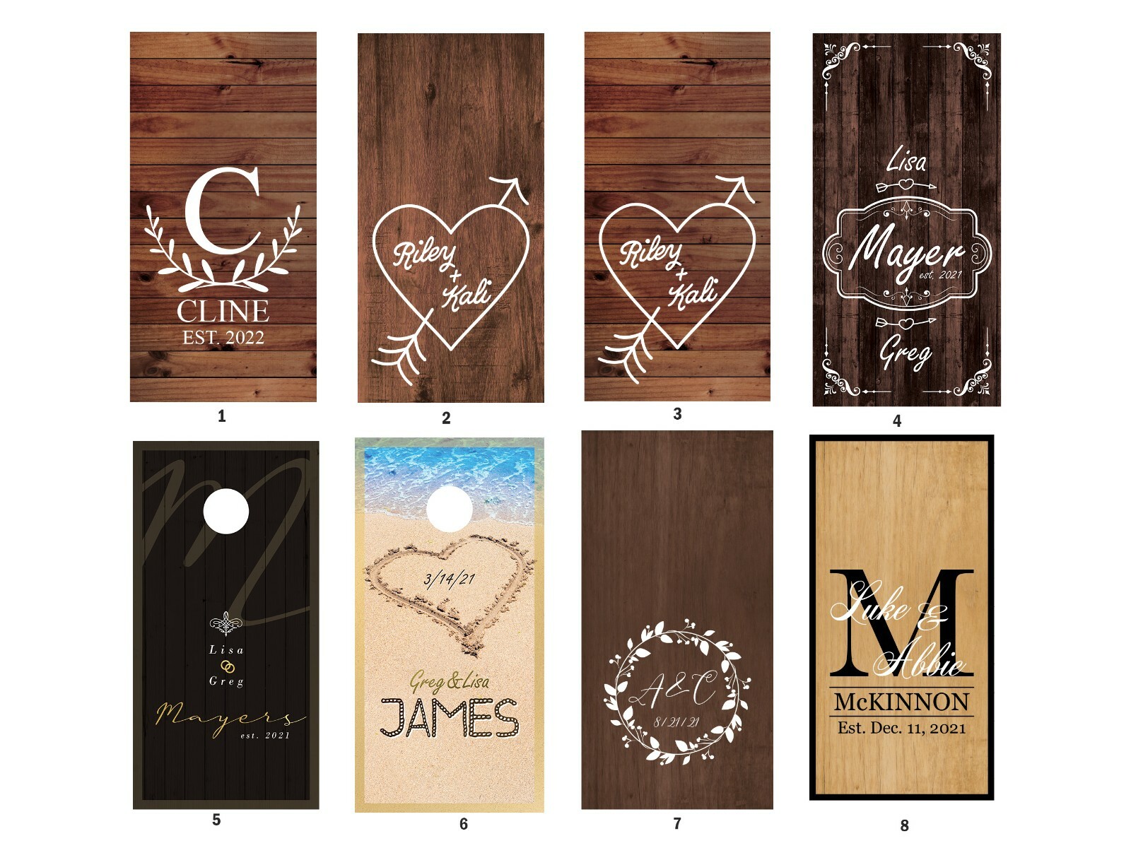 PAIR 2 Waterproof & Laminated Cornhole Wraps -Custom Wedding Designs