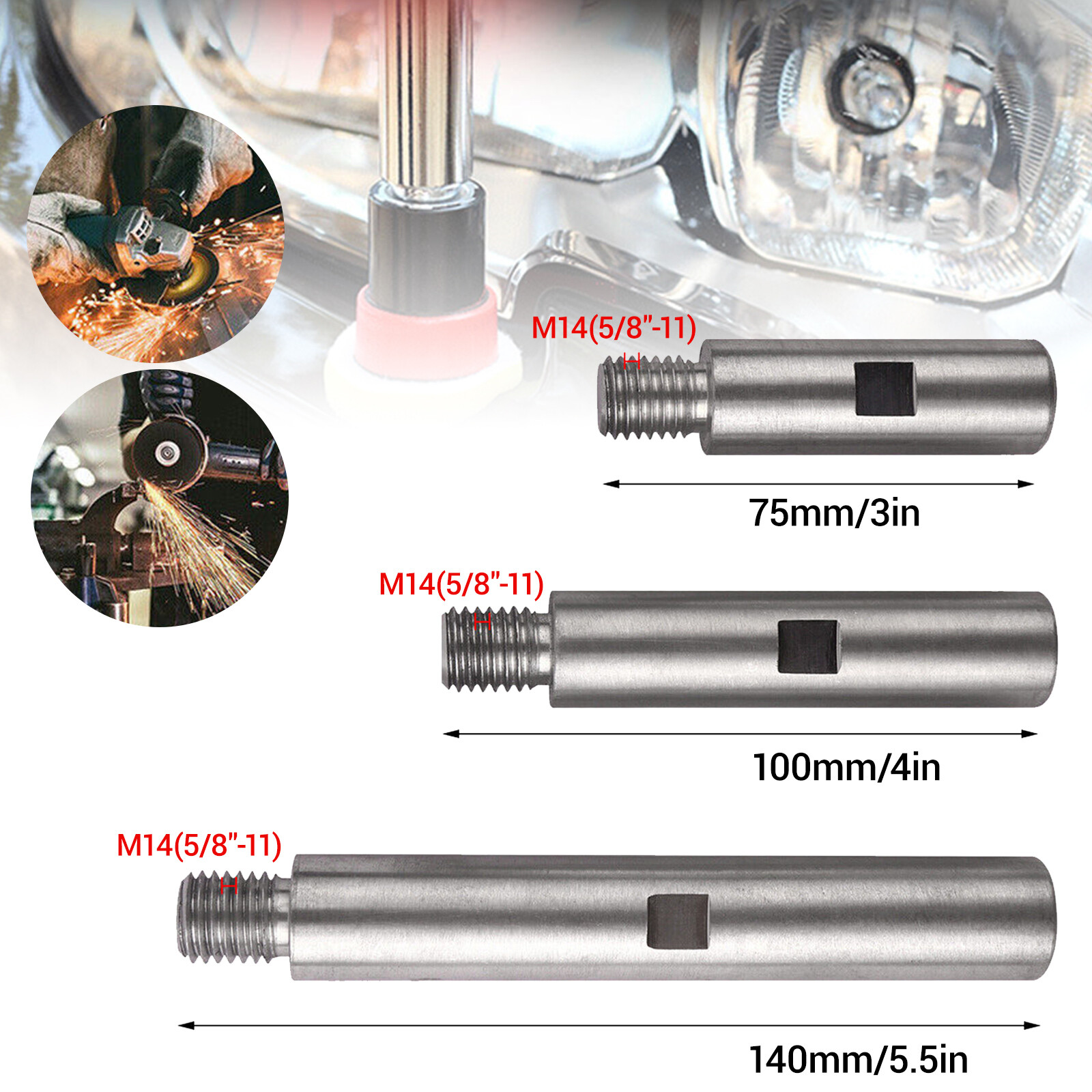 3PCS M14 Angle Grinder Extension Rod Adapter 75mm 100mm 140mm
