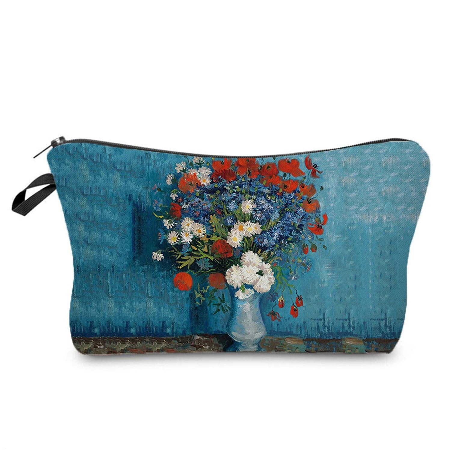 Van Gogh Floral Oil Painting Blue Cornflower Makeup Bag Cute Small Makeup Bag...