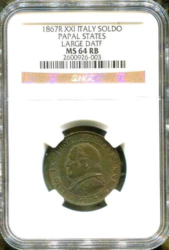 VATICAN - SPECTACULAR HISTORICAL SOLDO, 1867R/XXI, LGE DATE,  NGC GRADED MS64RB