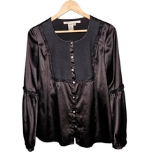 MAX STUDIO Womens Black Satin Blouse L Balloon Sleeves Whimsigoth Witchy Boho