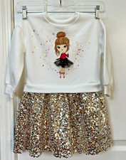 Max 2-3 Girl Dress Ballerina Tulle Graphic Long Sleeve Glitter Skirt White Tutu