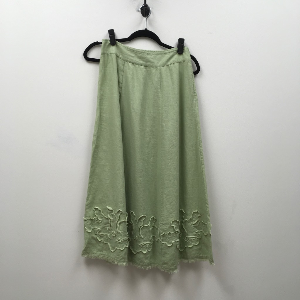 Soft Surroundings Womens Green Linen Midi A-Line Skirt with Applique Petite Size PXS