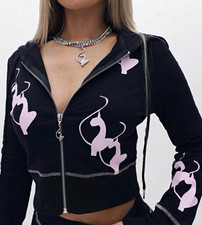 Women's Full Zip Hooded Cropped Hoodie Black/Pink Graphic Print Size S