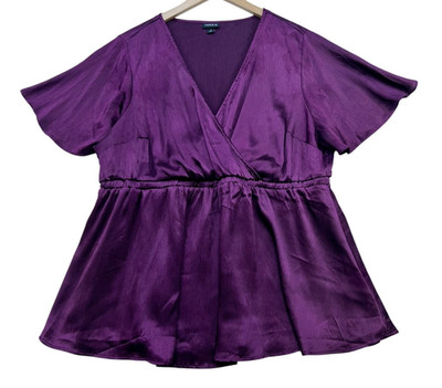 Torrid Lily Babydoll Shiny Gauze Surplice Puplum Blouse Top Womens 2X Purple