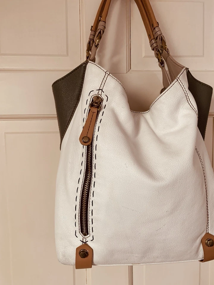 Oryany Large Leather Handbag Shoulder Colorblock White Blue Bag - Image 3 of 4