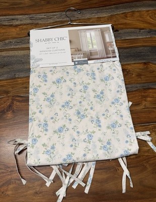 Shabby Chic Set Of 2 Floral Window Curtains Blue Rose Light Filtering 37 x84 